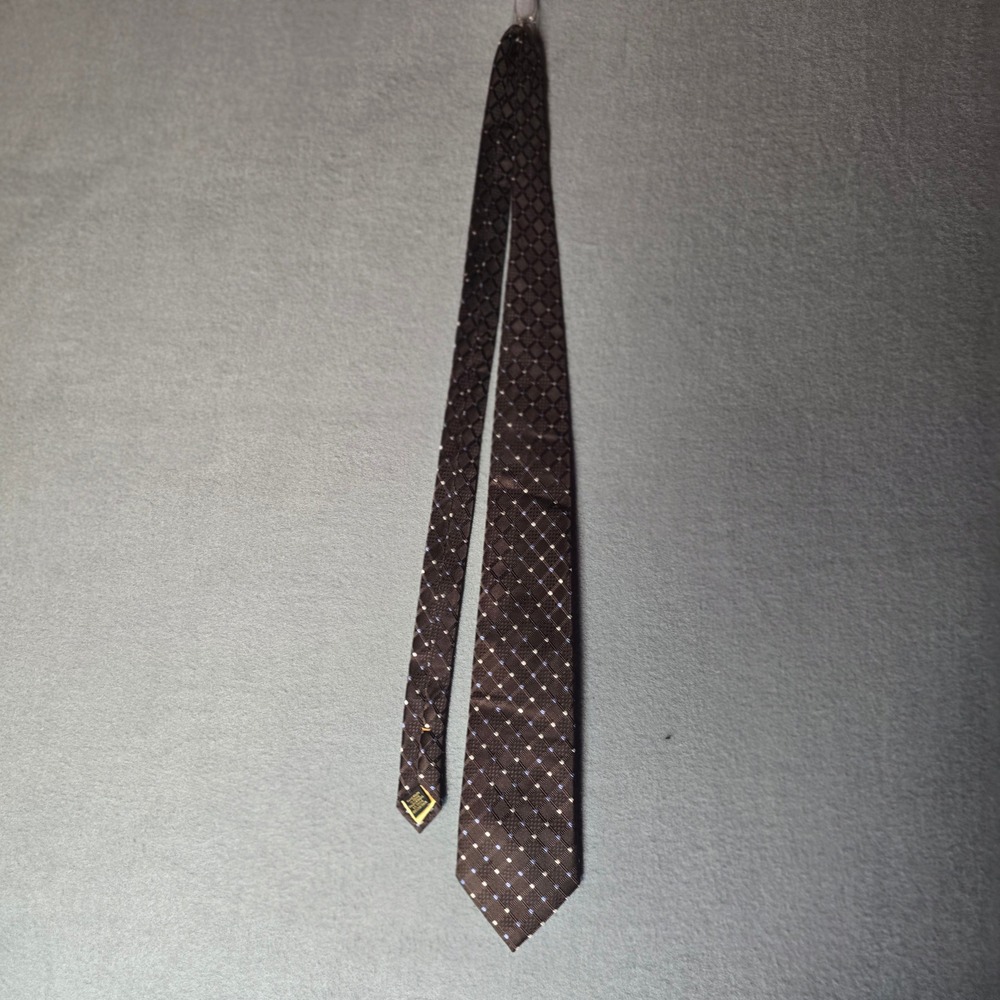 Donald J Trump Signature Collection Silk Necktie Brown Blue Geometric Grid Tie